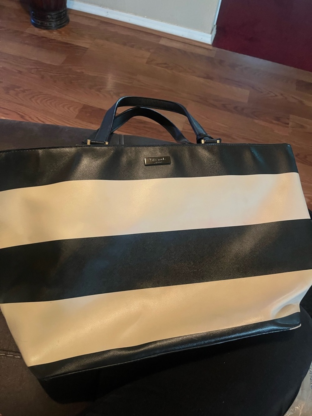 kate spade Black and Cream Striped Weekender Tote